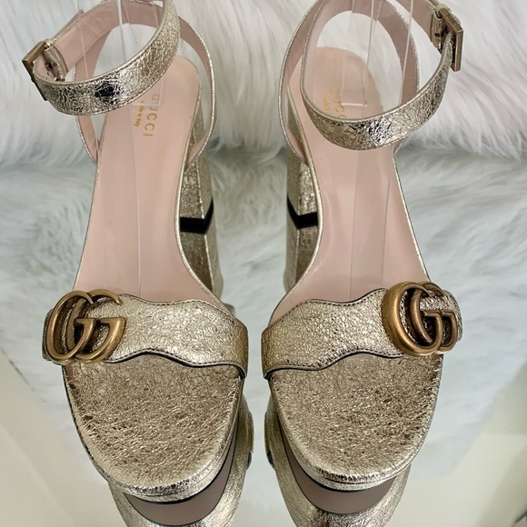 Gucci Gold Marmont Double G Platform Sandals - Picture 2 of 11